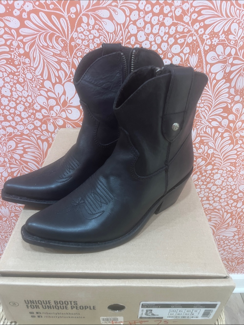 LIBERTY Maggie Black Black Leather Western Ankle Boots